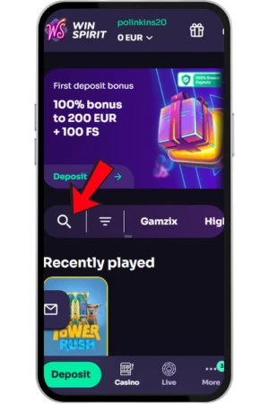 Sök upp Tower Rush genom att klicka på förstoringsglaset